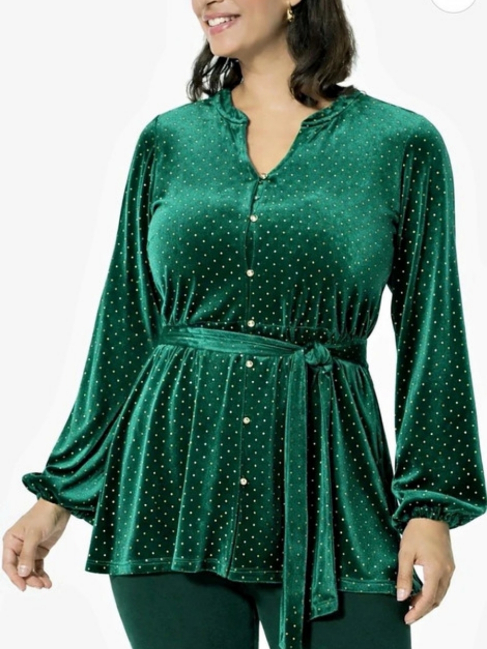 Colleen Lopez Women's Green Velvet Studded Belted Peplum Blouse Size Medium